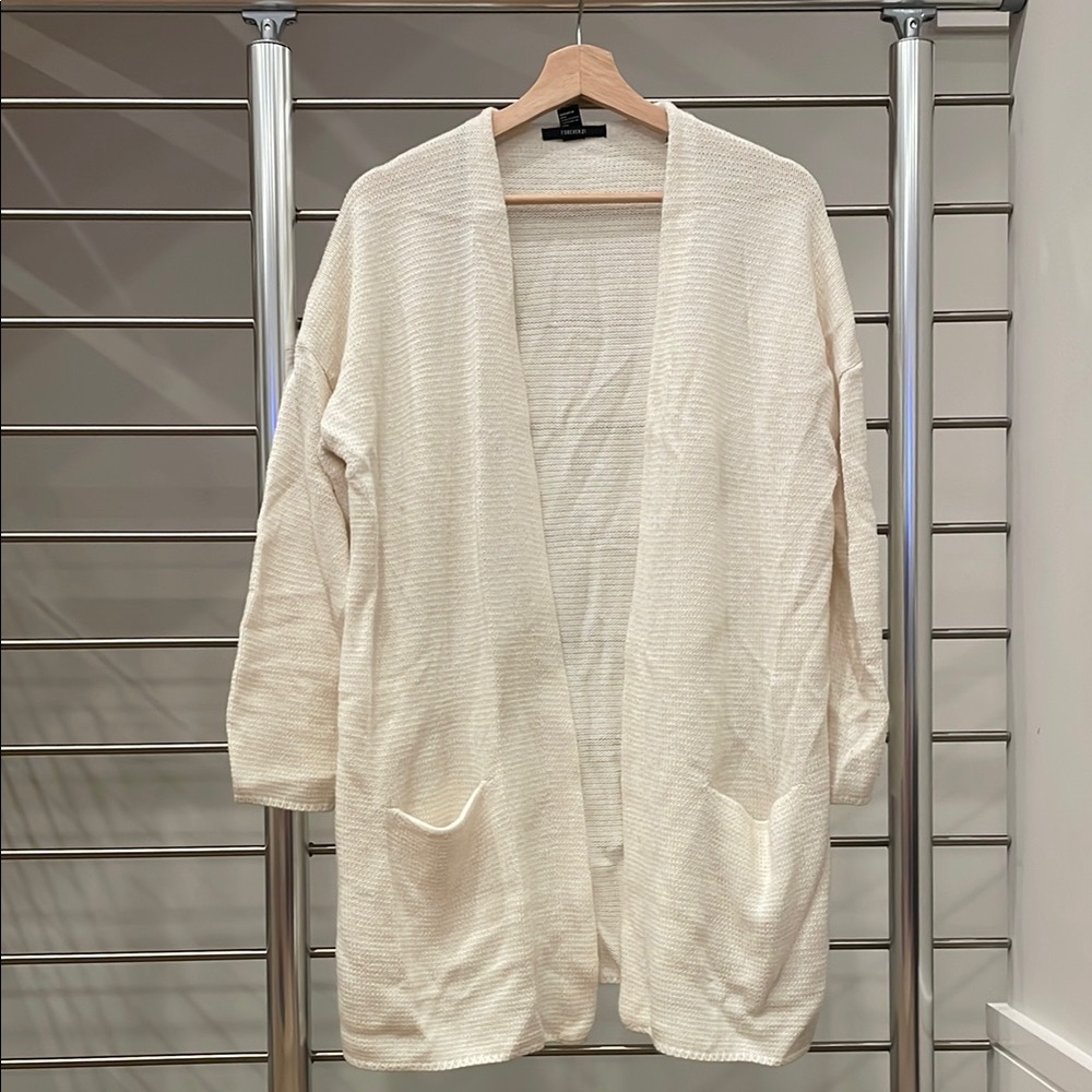 Cream Open-Front Long Cardigan